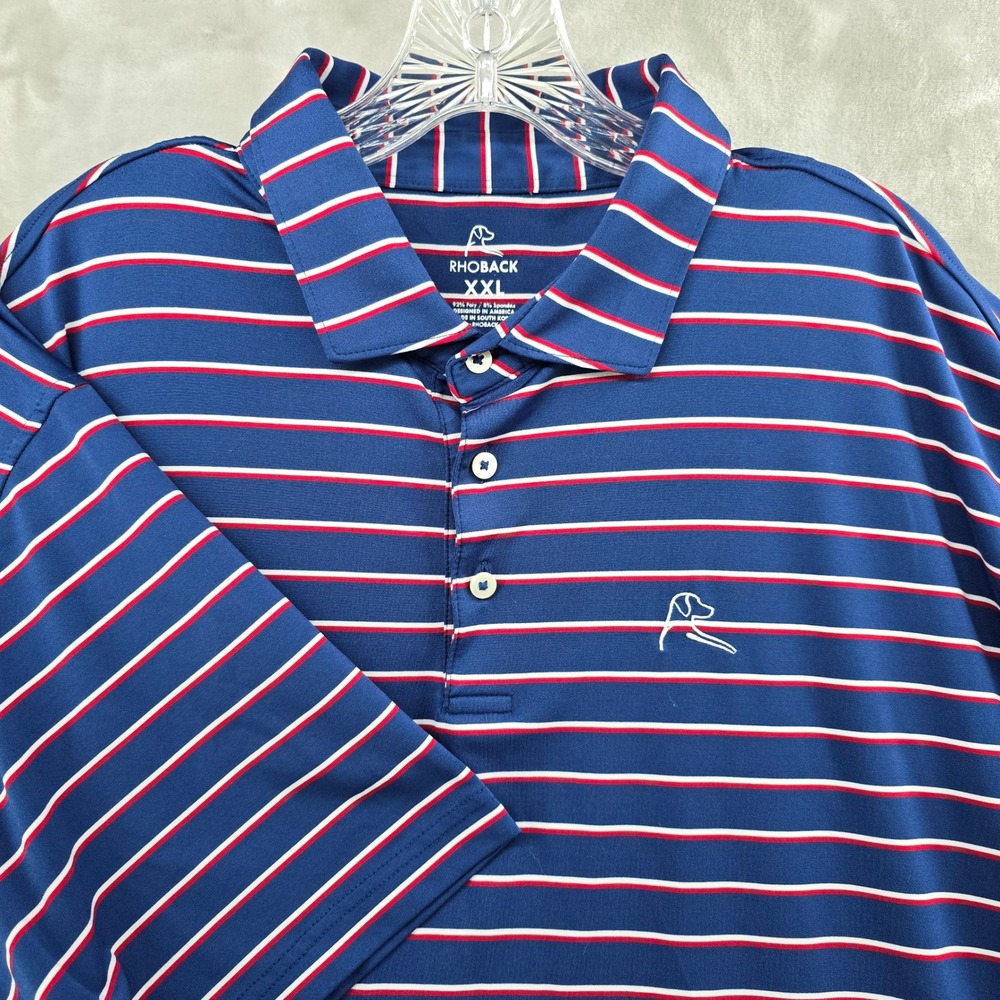 Rhoback Polo Shirt Mens XXL Golf USA Blue Striped Performance Short Sleeve